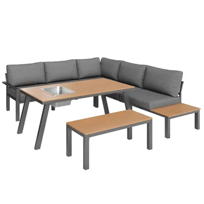 Produktbild von Garten-Lounge-Set für 6-7 Personen,wetterfeste Sitzgruppe,Essgruppe,modernes Gartenmöbel-Set,Gestell aus verzinktem Eisen,Tischplatte mit Eiskübel