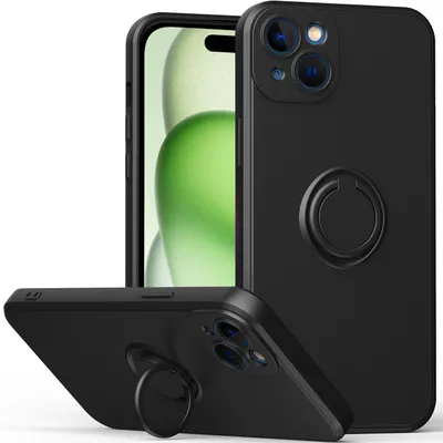 Obrázek produktu pro Pouzdro pro iPhone 15 odolné proti poškrábání, měkký silikon pouzdro s prstencovým držákem a stojánkem černé