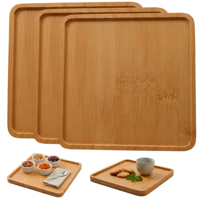 Productafbeelding van Holzteller set - Vierkant serveerplankje voor snacks en desserts - 3 stuks - 15x15 cm