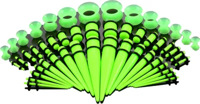 Produktbild von 50 Stück Ohr-Expander, doppelte O-Ringe, ausgestellte Tunnel, dreiteiliger Anzug, hypoallergen, Piercing-Schmuckset, glatte Oberfläche, Acryl-Kegel und Stecker, Silikon-Tunnel, perfektes Geschenk-Leuchtendes Grün