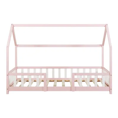 Produktbild von Kinderbett ’Sisimiut’ in Haus-Optik mit Matratze und Rausfallschutz Kiefernholz 90 x 200 cm Rosa / Weiß