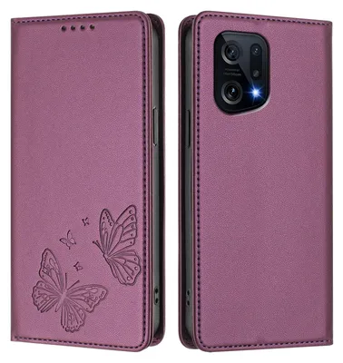 Produktbild von Lederhülle für Oppo Find X5, Schmetterling Prägung Leder Brieftasche Schutzhülle mit Ständer Lila