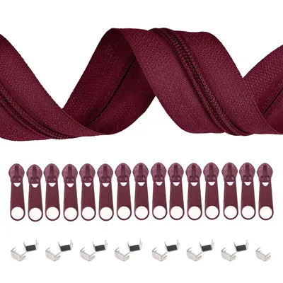 6m Endlos-Reißverschluss 5mm mit 15 Zippern und 15 Endstücke merlot