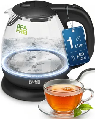 Wasserkocher 1 l Glas, BPA-frei, inkl. Kalkfilter, 1800–2200 W