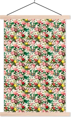 Produktbild von MuchoWow® Textilposter Blumen - Collage - Farben 120x180 cm mit holzfarbenen Rahmen - Textil-Plakat