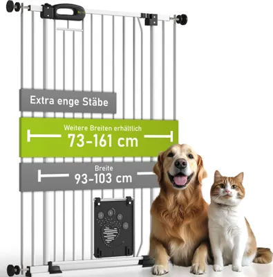 A white pet safety gate with text overlays and a dog and cat sitting in front of it.