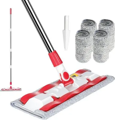 Produktbild von Famanu Wischmopp mit Auswringfunktion - 148,5 cm, Mikrofasermopp mit 4 waschbaren Wischpads, grau + rot