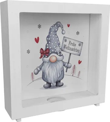 Produktbild von niedlicher Weihnachtswichtel mit Schild Rahmen Spardose aus Holz - Frohe
