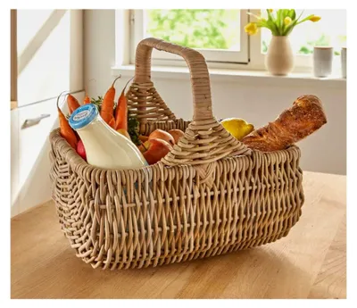 Produktbild von Einkaufskorb aus Rattan, grau lackiert, 40x30 cm, Bügelkorb, Tragekorb, Flechtkorb