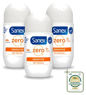 Imagen del producto de 3 unidades de desodorante roll-on Sanex Zero% Sensitive, sin alcohol ni parabenos, 50 ml, pack ahorro