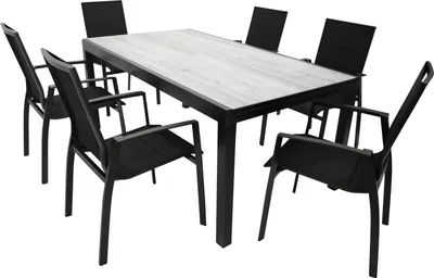 Produktbild von DEGAMO Gartenset Sitzgruppe Gartengarnitur FARO 7-teilig (6x Stapelsessel, 1x Ausziehtisch), Aluminium anthrazit + Kunstgewebe schwarz