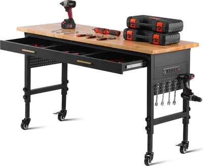 Obrázek produktu pro VEVOR 60" nastavitelný pracovní stůl, nosnost 1500 liber, pracovní stůl se zásuvkami, zásuvkou, kolečky a kolíkovou deskou, robustní pracovní stůl s dubovou deskou pro garáž, dílnu, kancelář a domácnost