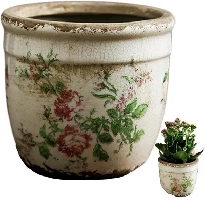 Obrázek produktu pro Keramický květináč – váza – pro vnitřní i venkovní použití – vintage květinový vzor – 10 x 10 cm – bílá barva