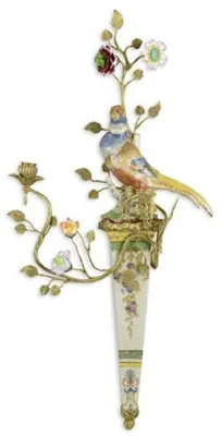 Produktbild von Casa Padrino Jugendstil Wandkerzenhalter Papagei Mehrfarbig / Messing 36,5 x H. 76,2 cm - Porzellan Wand Kerzenhalter - Barock & Jugendstil Wanddeko