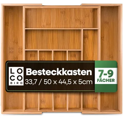 Produktbild von Besteckkasten Besteckeinsatz Schubladeneinsatz - Bambus - Bis zu 9 Fächer - Ausziehbarer Einsatz - 33,7 x 44,5 x 5 cm oder 50 x 44,5 x 5 cm