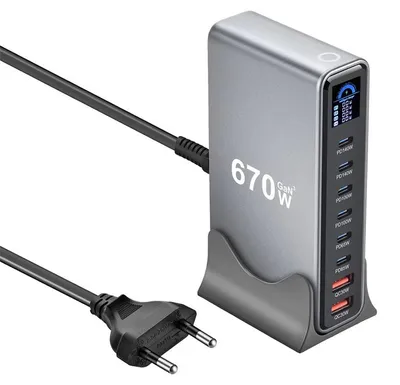 Produktbild von Bakeey YMX-LCD 670W USB-Ladegerät mit 8 Ports, 6× USB-C PD, 2× USB-A, Digitalanzeige, GaN Schnellladegerät, Desktop-Ladestation, EU-Stecker