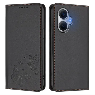 Image de Étui en cuir pour Xiaomi Poco F7/Redmi Turbo 4 Pro, motif papillon, étui portefeuille à rabat avec support, noir