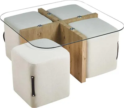 Produktbild von Couchtisch-Set mit vier Hockern Shana | 90 x 90 x 45 cm | Weiß - Glas