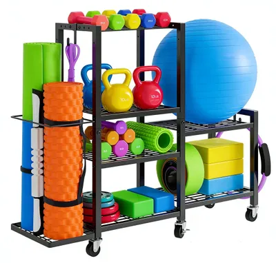 Obrázek produktu pro Stojan na činky – Multifunkční, s kolečky a háčky – Kovová konstrukce – Pro domácí fitness