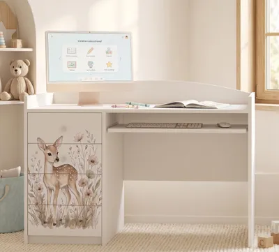 Obrázok produktu pre Veľký detský písací stôl 125x60 cm, biela farba, s 4 zásuvkami, školský písací stôl s motívom, počítačový stôl, učebný stôl pre deti a mládež, Obrázok generovaný UI