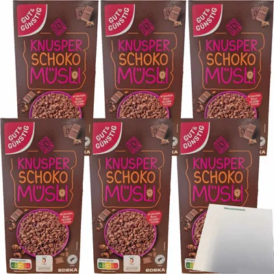 Produktbild von Gut & Günstig Knusper Schoko Müsli mit knusprigen Hafervollkornflocken 6er Pack (6x600g Packung) + usy Block