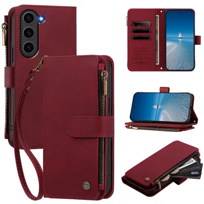 Produktbild von Handyhülle für Samsung Galaxy S23+, Leder Klapphülle mit Kartenfächern, Reißverschlussfach und Handschlaufe Rot