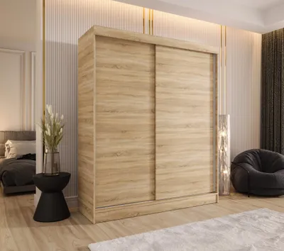 Produktbild von Schwebetürenschrank 2-türig 120x205x58 cm Eiche Sonoma mit 4 Schubladen – Moderner Kleiderschrank für Schlafzimmer und Flur