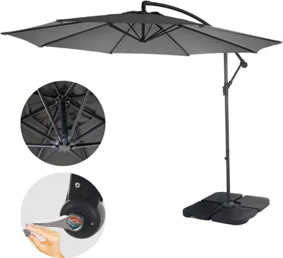 A grey cantilever umbrella with a black stand, shown against a white background. Close-up insets show the umbrella's internal mechanism and a hand operating a crank.