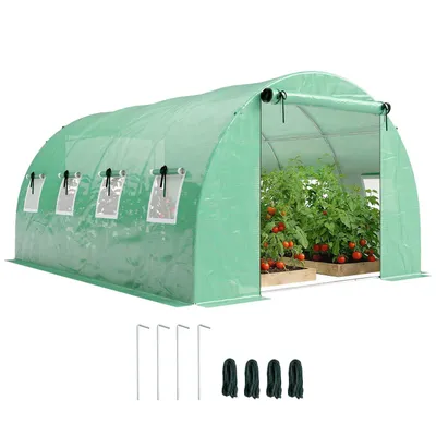 Produktbild von Gewächshaus ca. 4 x 3 x 2 m Foliengewächshaus mit Rollbar 2 Reißverschlusstür & 8 Netzfenster Stützstangen Grün