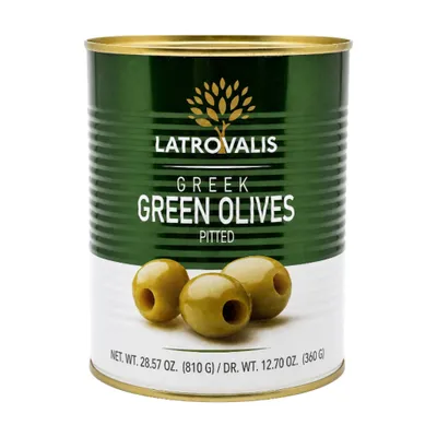 Latrovalis Grüne Chalkidiki Oliven entsteint 810 g Dose auf Weiß