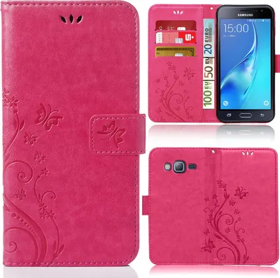 Produktbild von Handy Tasche für Samsung Galaxy J3 / J3 2016 Schutz Hülle Handyhülle mit Blumenmuster Klapp Hülle mit Standfunktion und Kartenfächer Pink