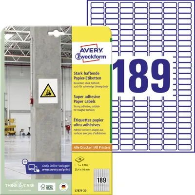 Produktbild von Avery Zweckform L7871-20 Stark haftende Papier-Etiketten, 25,4 x 10 mm, 20 Bogen/3.780 Etiketten, weiß