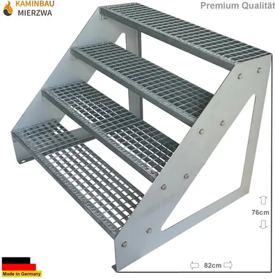 A galvanized steel staircase with four steps, shown from a diagonal angle against a white background.