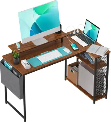 Obrázek produktu pro Herní stůl – L-tvarový počítačový stůl – podstavec na monitor – úložný prostor – kovová konstrukce – 120 cm – hnědá barva