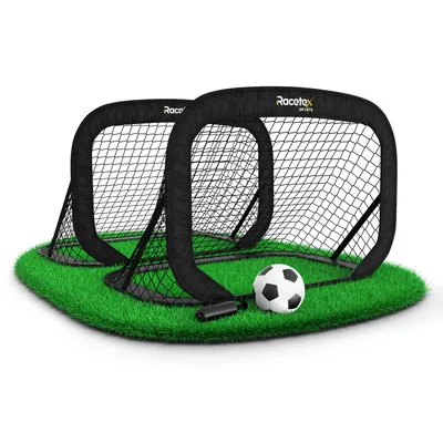 Produktbild von Racetex Fussballtore für Garten Kinder – 2er Set mit verstärkten Glasfaserstangen – Fußballtor Kinder inkl. Ball, Pumpe, Erdanker und Tasche (schwarz)