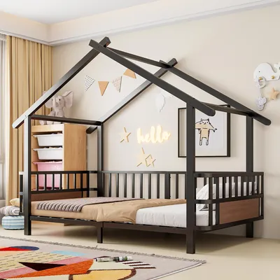 Produktbild von Kinderbett 90x200 cm Metallbett Hausbett mit Rausfallschutz & Lattenrost stabiles Jugendbett im Hausdesign geräuschlos ohne Matratze Schwarz