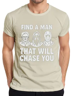 Imagen del producto de Encuentra a un hombre que te persiga. Máscaras de terror: Jason, Ghostface. Camiseta para hombre, color natural, talla M
