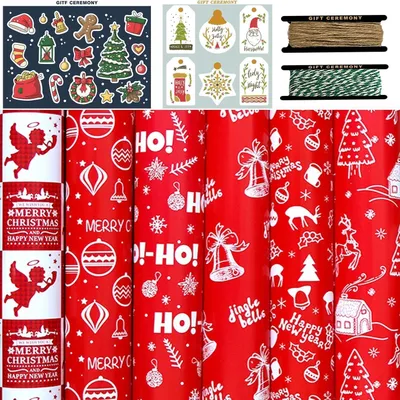 Produktbild von Geschenkpapier Weihnachten 6 Blatt Rot 70 x 50 cm mit Aufklebern und Geschenkband