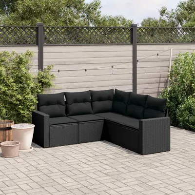 Produktbild von 5-tlg. Garten-Sofagarnitur mit Kissen Schwarz Poly Rattan, Gartenstühle 3251282
