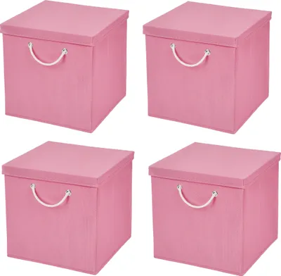 Produktbild von 4 Stück Rosa Faltbox 30 x 30 x 30 cm Aufbewahrungsbox faltbar mit Kordel und mit Deckel