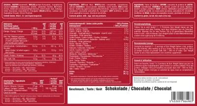 The image shows the packaging of a weight gainer supplement, with nutritional information and ingredients listed in multiple languages.