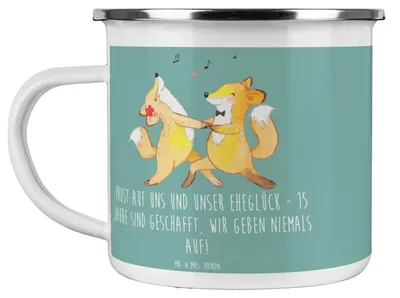 Produktbild von Mr. & Mrs. Panda Pott 15. Hochzeitstag Gläserne Hochzeit - Meeresbrise - Geschenk, Geschenke, Haferl, Emaille Tasse, Heirat, Eheleben, Liebe, Kaffeepott, Becher, Jubiläum
