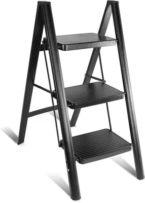 Productafbeelding van Trapladder 3 treden - Keukenladder Opstapje - Huishoudelijk Gebruik - Brede Antislip Treden - 150 kg Draagvermogen - Zwart