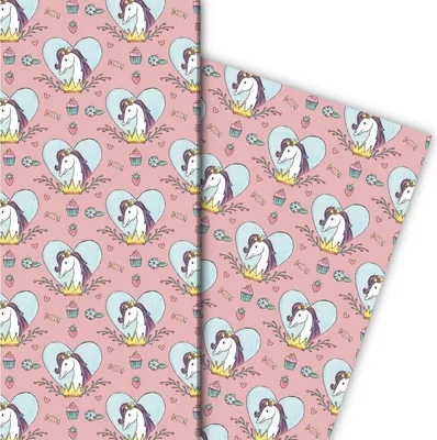 Produktbild von Mädchen Geschenkpapier mit Pferd in Herz mit Krone auf rosa - G7598, 32 x 48cm
