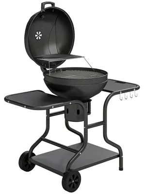 Zdjęcie produktu dla Grill węglowy z termometrem w pokrywie i bocznymi stolikami | Kolor: Czarny | Wymiary: 129 x 63,5 x 106,5 cm