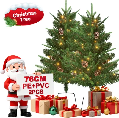 Productafbeelding van XINZI 2x Mini kerstboom, 76 cm, PE+PVC | 30 warmwitte LED-lampjes, dennenappels, grondpen | Compact, geschikt voor tafel of vensterbank – Type A