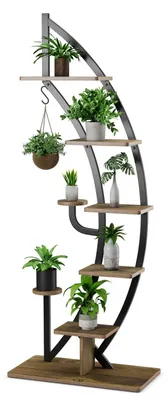 Produktbild von 6-stufiger, halbmondförmiger Pflanzenständer aus Metall, Blumenregal mit 2 kleinen Ablagen und einem Haken oben, Leiter-Pflanzenregal mit Kippsicherung, Blumentopfständer für Garten, Balkon und Wohnzimmer (braun)
