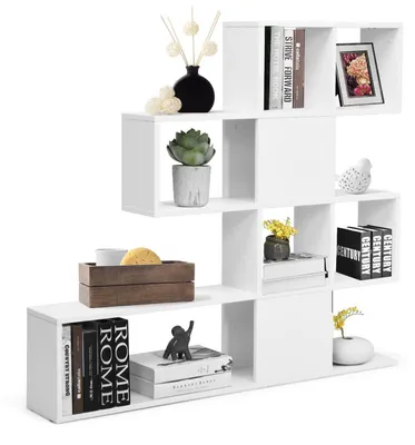 Produktbild von Bücherregal mit 10 Fächern, Raumteiler, Stufenregal Holz, Treppenregal, 120 x 19,5 x 109 cm, Weiß