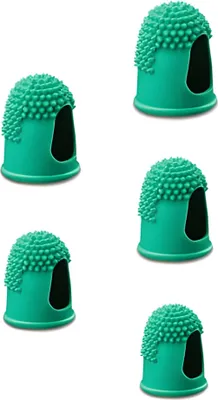 Five green finger cots with a textured surface are arranged in a grid on a white background.