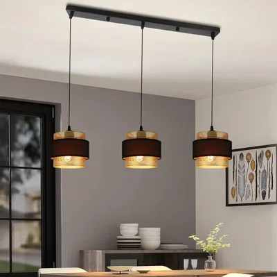 Produktbild von ZMH Pendelleuchte Schwarz Hängeleuchte Esszimmer - Vintage Hängelampe Wohnzimmer mit 3 flammig Gold Retro Esszimmerlampe Hängend E27 Industrial Esstischlampe aus Metall Stoff - Ohne Leuchtmittel